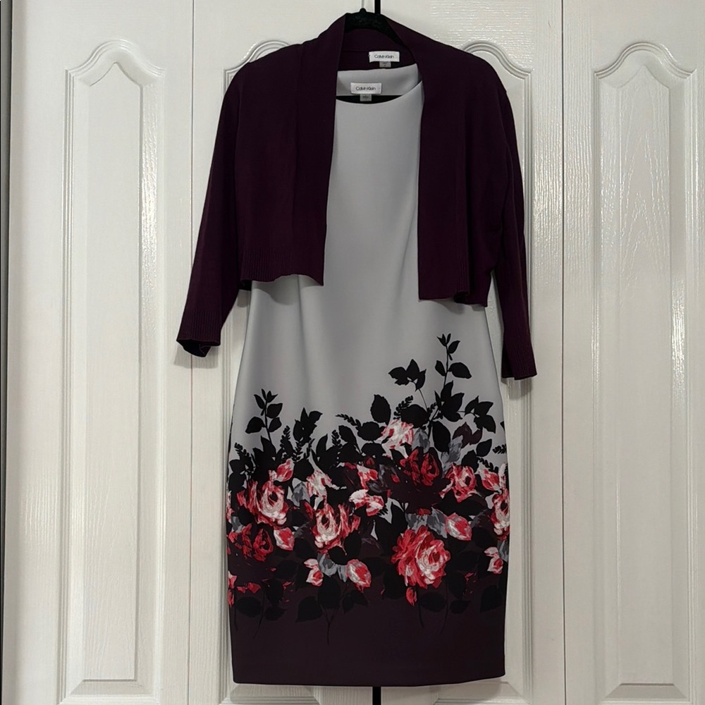 Calvin Klein Floral Dress with Purple Cardigan